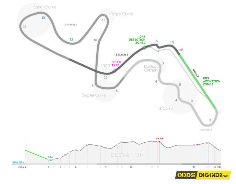 The Suzuka F1 features sharp elevation angles with test drivers' skills